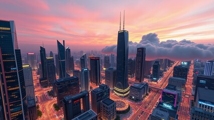 Obraz premium A futuristic cityscape at dusk features sleek skyscrapers, neon-lit streets, and a sprawling data cloud, symbolizing