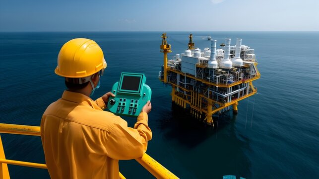Team of workers wearing protective uniforms and safety gear inspecting and maintaining essential equipment on an offshore oil rig platform  Focuses on the industrial process and energy industry
