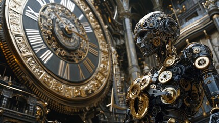 Obraz premium A humanoid robot with intricate, golden filigree, standing amidst a luxurious