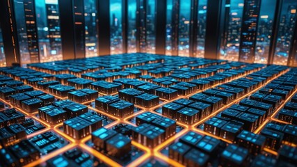 Fototapeta premium A futuristic cityscape with a grid of interconnected servers and data centers humming with activity, representing the