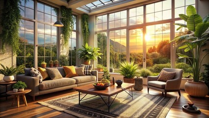 Fototapeta premium Serene Room with a View: Cozy Interior Overlooking Scenic Landscape, Sunlight Streaming Through Large Windows, Inviting Atmosphere, Nature-Inspired Decor, Peaceful Retreat