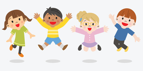 Group of children jumping happily excited illustration girl and boy happy simple drawing hurray playful