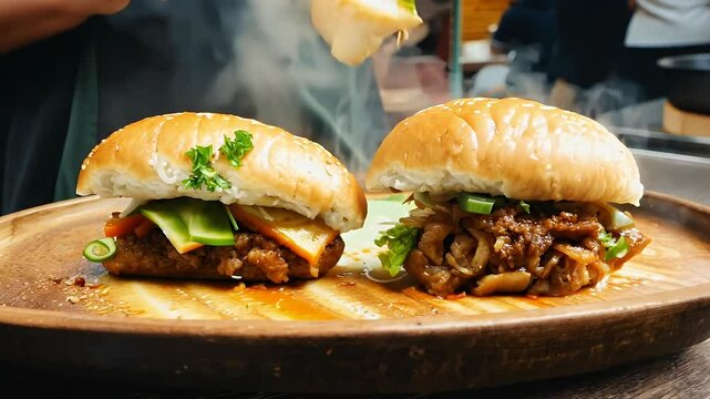 Steaming Bao Buns Pulled Pork Fried Chicken 4K Restaurant Footage Asian Cuisine Served Fresh hot meat coriander onion food eatery steamed spicey spain meal dish traditional bun bar b q filled stuffed
