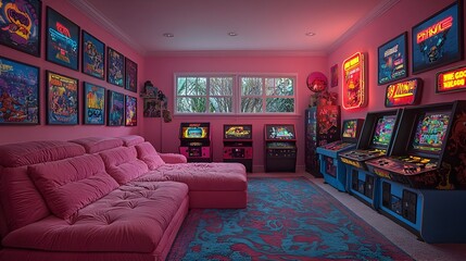 Nostalgic Vintage Game Room with Old School Video Game Consoles Retro Sofa and Vibrant Neon Lighting Accents