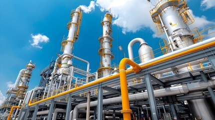 Fototapeta premium Tall industrial chimneys releasing thick white steam into the sky at a large gas processing plant or refinery facility Concept of energy production chemical manufacturing