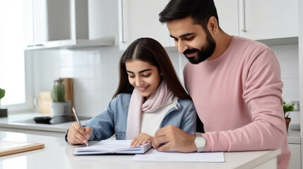 A father helping his daughter with homework.