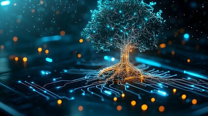 Mesmerizing abstract digital artwork depicting a glowing mesh tree structure with branching neon lines forming the intricate roots and canopy conveying a sense of technology nature