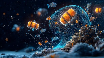 Mesmerizing Abstract Glowing Mesh Wave with Neon Currents and Silhouetted Fish  Dynamic digital art background with a fluid ethereal ocean scene featuring luminous bio inspired elements