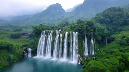 Fototapeta premium Majestic waterfalls cascade down lush green cliffs, surrounded by vibrant vegetation and misty mountains. This serene landscape captures beauty of natures wonders
