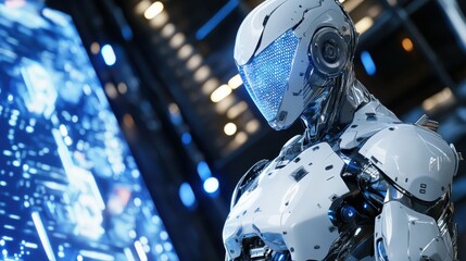 A humanoid robot with metallic armor, positioned in a futuristic battle arena with holographic projections and advanced weaponry, dynamic and action-oriented environment