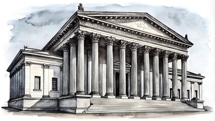 Fototapeta premium Black and White Watercolor of a Courthouse with Majestic Columns, Close-Up View