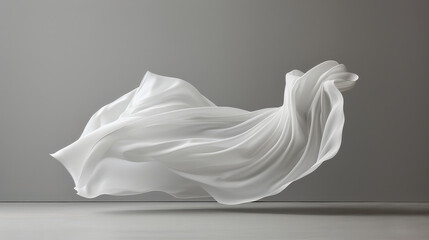 flowing white fabric gracefully drapes in mid air, creating elegant and serene atmosphere. soft texture and smooth curves evoke sense of calm and beauty