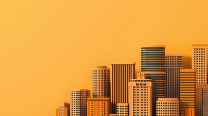 A vibrant city skyline against a bright orange background, showcasing various architectural styles and designs.