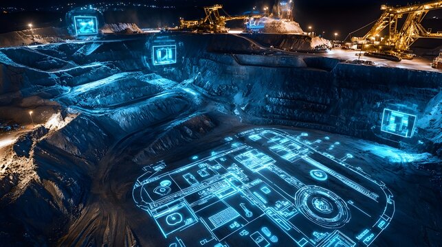 Futuristic mining site at night with holographic projections visualizing drilling locations resource distribution and environmental impact reports