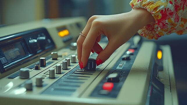 Closeup shot of a woman s hand turning and adjusting the volume control knob on a radio device isolated on a clean white or gray background with no distractions - Powered by Adobe