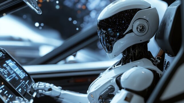 A humanoid robot with sleek, aerodynamic lines, piloting a futuristic spacecraft in a high-tech cockpit with holographic controls and starry vistas