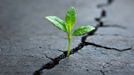 young plant emerges from cracked, dry ground, symbolizing resilience, growth, and hope. Represents the birth of a new business from humble beginnings, overcoming challenges, and thriving in adversity