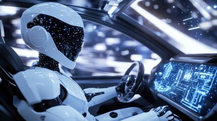 A humanoid robot with sleek, aerodynamic lines, piloting a futuristic spacecraft in a high-tech cockpit with holographic controls and starry vistas