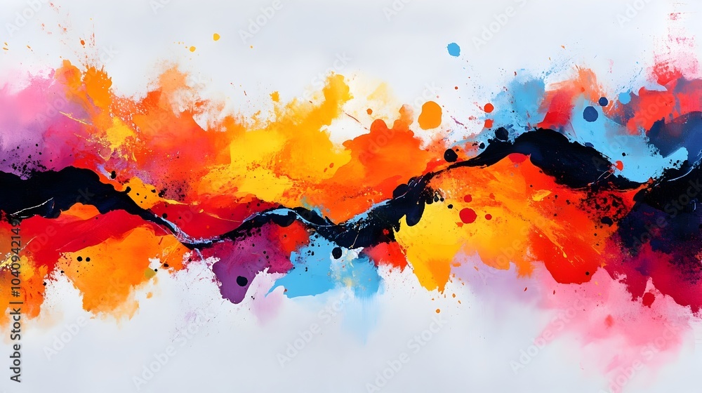 Poster vibrant watercolor splashes dynamically colliding and clashing against angular geometric obstacles i