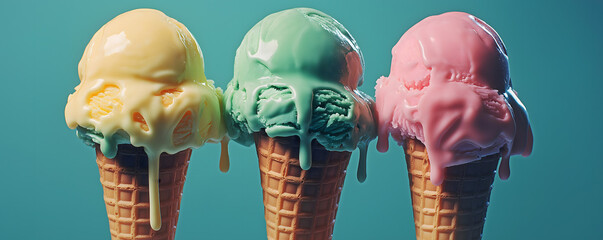 Wide angle photo of three pastel colored ice cream cones arranged in neat rows on a pink, blue, and yellow marble surface for Ice Cream Day.