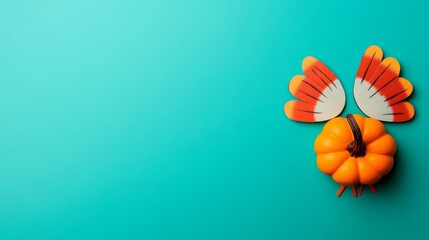 A small orange pumpkin with paper wings and a stem, resembling a turkey, set against a blue background with copy space.