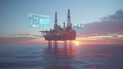 Futuristic oil rig platform at sunset with holographic displays showing real time extraction rates machinery performance and pressure control systems floating above the offshore industrial facility
