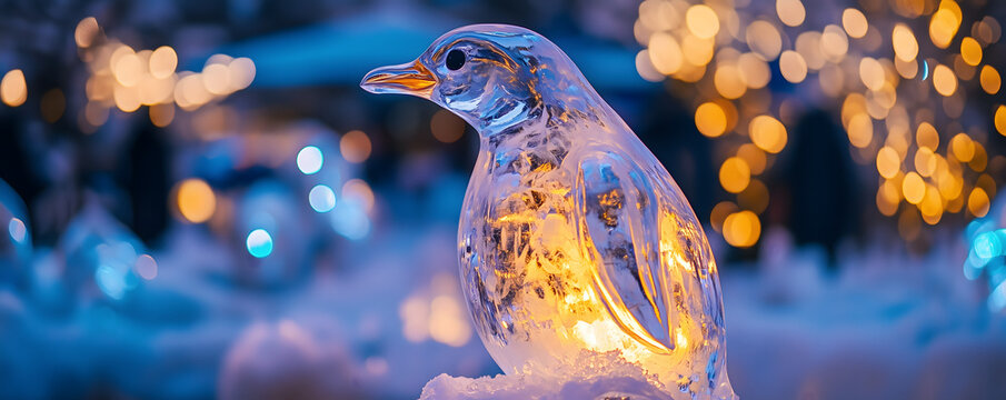 Penguin carved in ice with interior light, symbolizing winter, resilience and hope of this enimal, on a festive and cheerful background of soft lights, penguin day