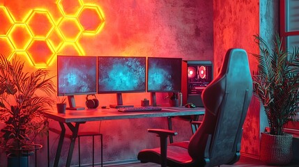 Cutting edge Game Room Setup Featuring a Sleek Desk Dual Monitors and a Futuristic Ergonomic Gaming Chair for an Immersive and Productive Experience