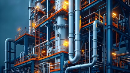 Illuminated Gas Processing Plant at Night Showcasing Complex Industrial Machinery and Infrastructure Operating in a Darkened Landscape