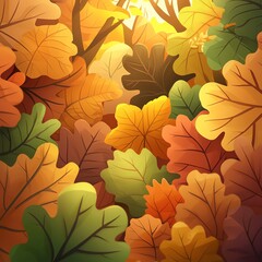 Colorful autumn leaves in a vibrant forest setting, detailed and warm colors.