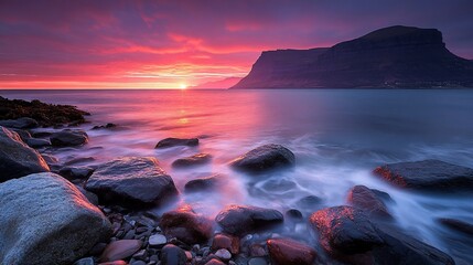 Obraz premium A vibrant sunset casts a warm glow over a rocky beach and a distant mountain range, with the ocean reflecting the colors of the sky.