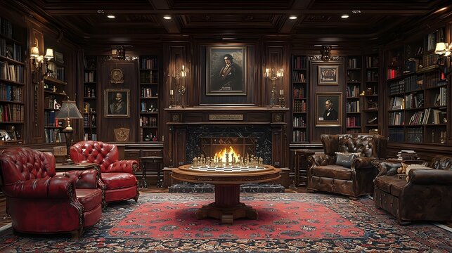 Cozy Classic Game Room with Traditional Wooden Furniture Chess Table and Comfortable Seating Area for Leisure and Strategic Gameplay