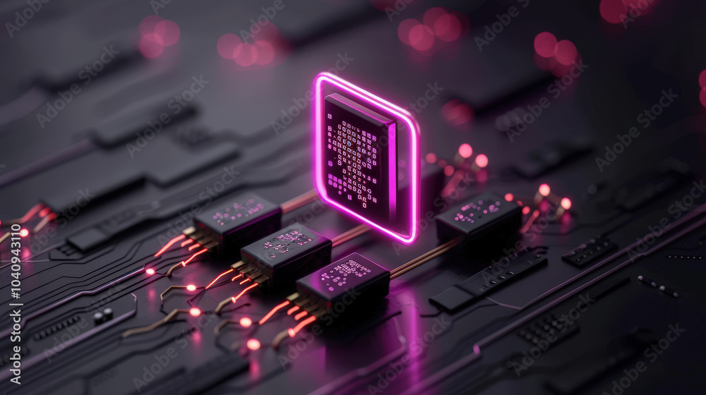 Poster futuristic digital circuit design featuring glowing microchip surrounded by interconnected component