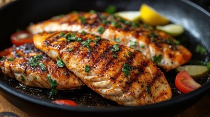 A delicious grilled fish entree served with fresh herbs, veggies, and a side of lemon wedges.