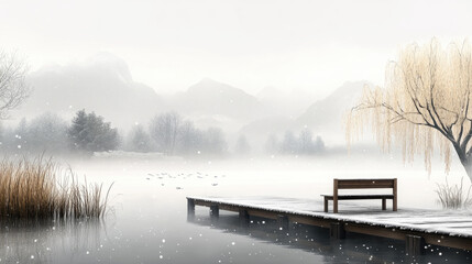 The lake at the foot of the mountain, the benches on the wooden boardwalk