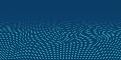 Fototapeta premium Dark blue halftone dotted abstract background, big data pattern, technology or futuristic visualization, waveform dot texture, music backdrop.