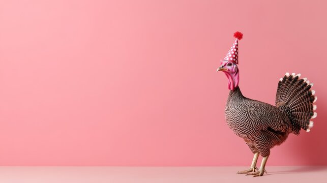 A turkey wearing a party hat stands on a pink background.