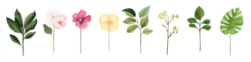 Diverse set of blossoms and plant leaves for artistic use.