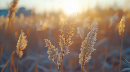 Fototapeta premium Tall grass illuminated by the setting sun, creating a warm, golden glow.