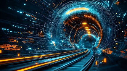 Stylized glowing mesh of a futuristic train station with tracks disappearing into luminous lines creating a modern minimalist and technological architectural concept