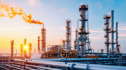 Industrial oil refinery with gas flaring and smoke rising against sunset sky, showcasing towering structures and complex piping systems. scene captures essence of energy production and industrial
