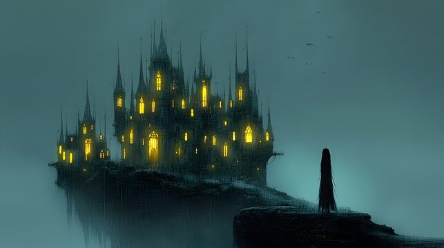 Stylized glowing mesh of a Gothic castle on a hill with illuminated spires and turrets in a fantastical digital landscape