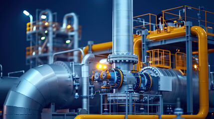 Gas processing plant with industrial equipment and illuminated pipes, showcasing advanced technology and engineering. vibrant colors and intricate design create captivating scene