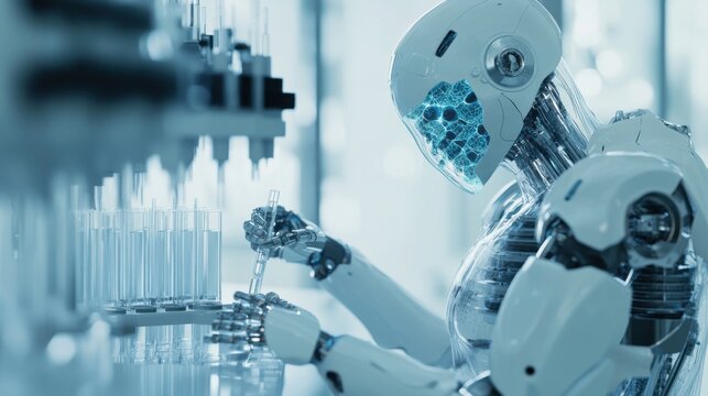 A humanoid robot with transparent, bio-organic components, immersed in a biolab surrounded by test tubes