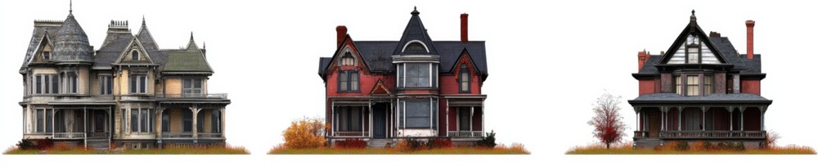 High-quality PNGs of haunted house designs with transparent backdrops.