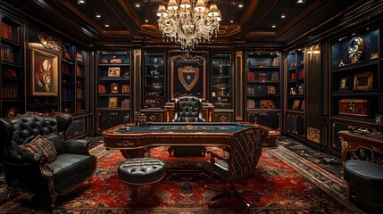 Luxurious Game Room with a Grand Gaming Desk Comfortable Plush Seating and Stunning Crystal Chandeliers Providing a Sophisticated and Inviting Atmosphere for Relaxation and Entertainment
