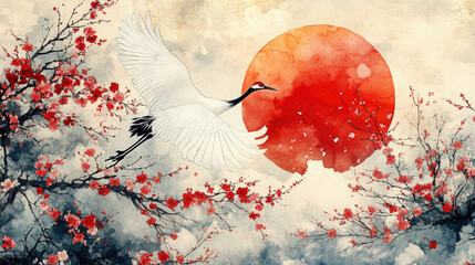 Red sun, white crane flying in the forest © fanjianhua