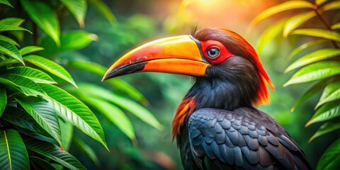 Obraz premium Vibrant Hornbill Silhouette Among Lush Greenery â€“ Wildlife Beauty Captured in Nature's Palette