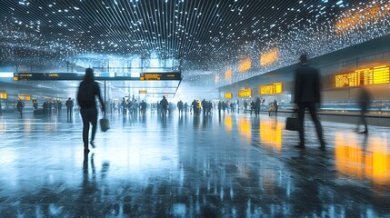 A photography of a modern technologically advanced public transportation hub featuring holographic displays that provide real time schedules traffic information