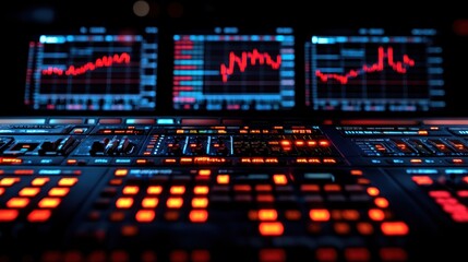 Obraz premium Control panel with glowing buttons and data displays for monitoring.